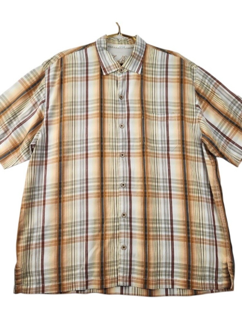 Tommy Bahama Sz XL Sienna Plaid Wooden Button Up Short Sleeves Logo Pocket Shirt